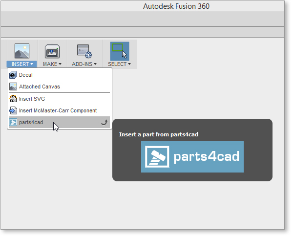 parts4cad menu item in Autodesk Fusion 360