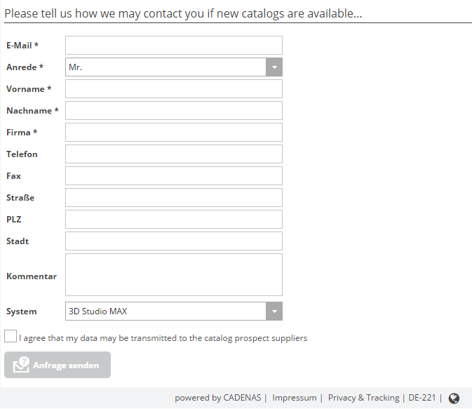 After clicking the desired catalog, the website updates after a while and a contact form appears at the end of the list. This form serves to share information, if the desired catalog on the 3D CAD models download PARTcommunity is online. Thus the user is