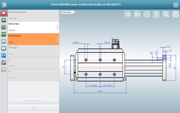 La app modelli CAD 3D di CADENAS con vista quote