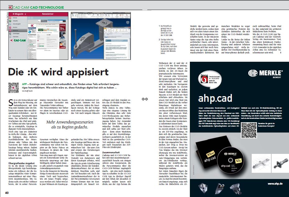 Beitrag über die CADENAS App im Fachmagazin :K CAD CAM